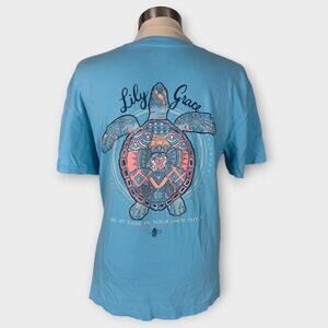 Lily Grace Womens Medium Blue Short Sleeve TShirt Turtle Print on Back